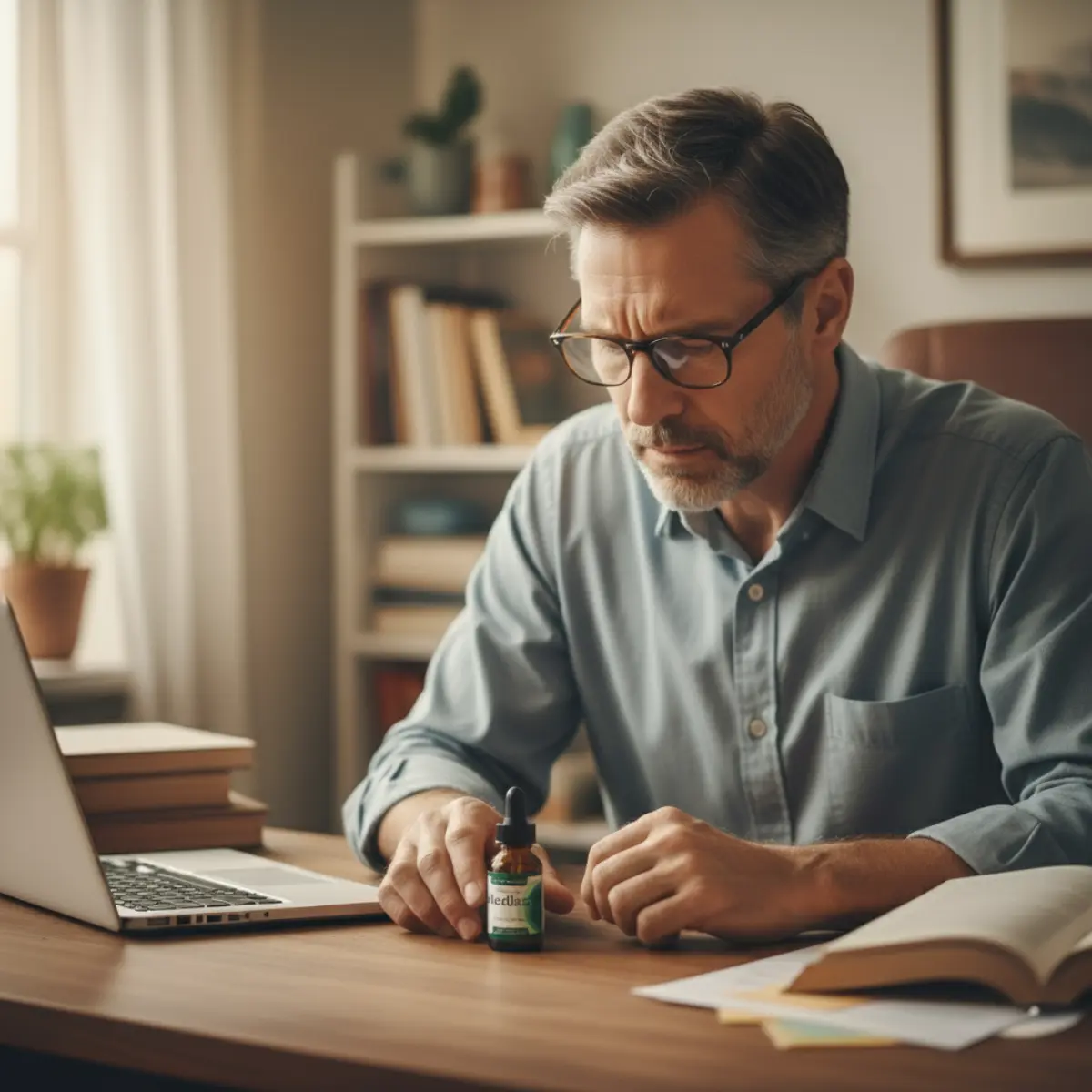 Man researching hearing solutions on his laptop, looking concerned.