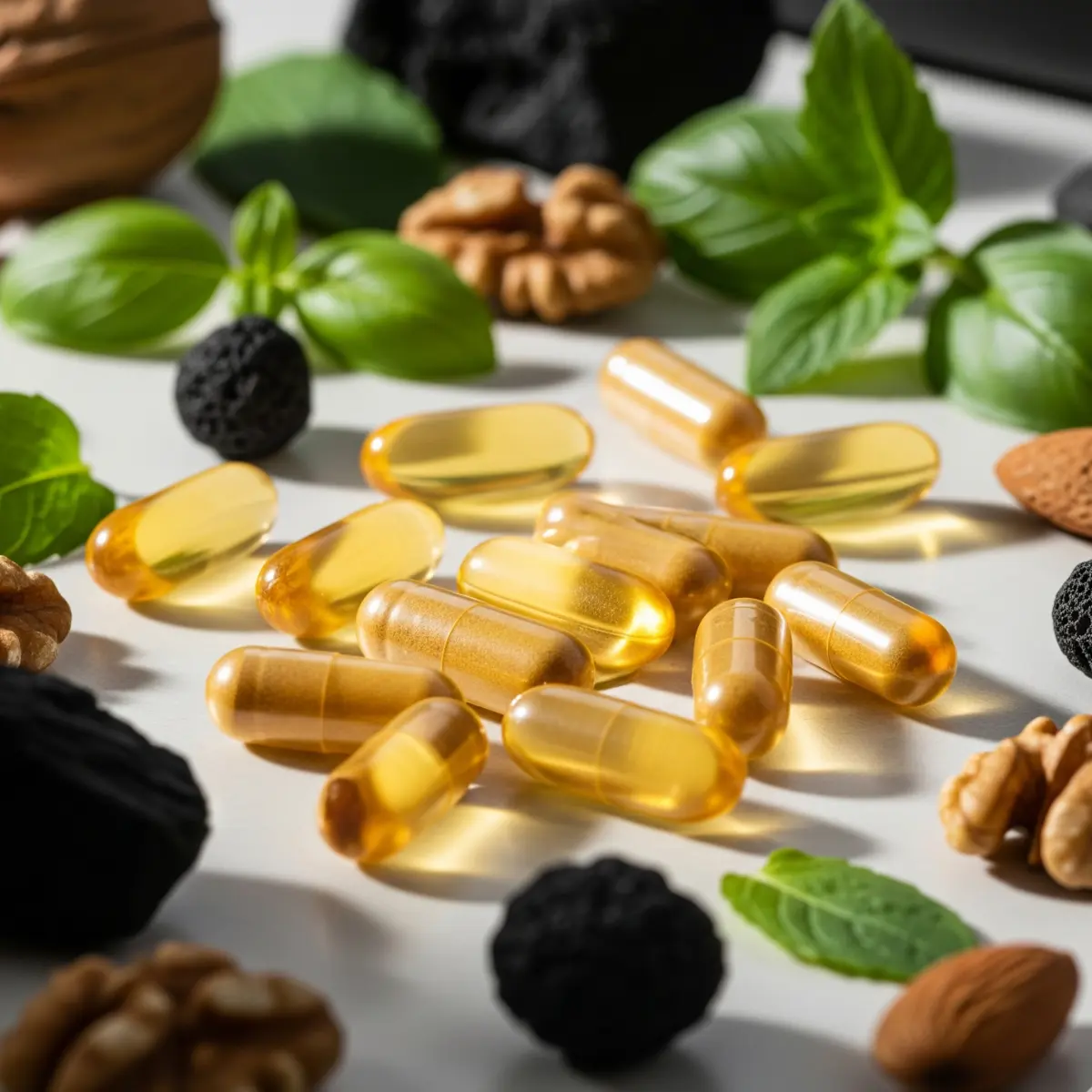 Close-up of supplement capsules with herbal ingredients in the background.