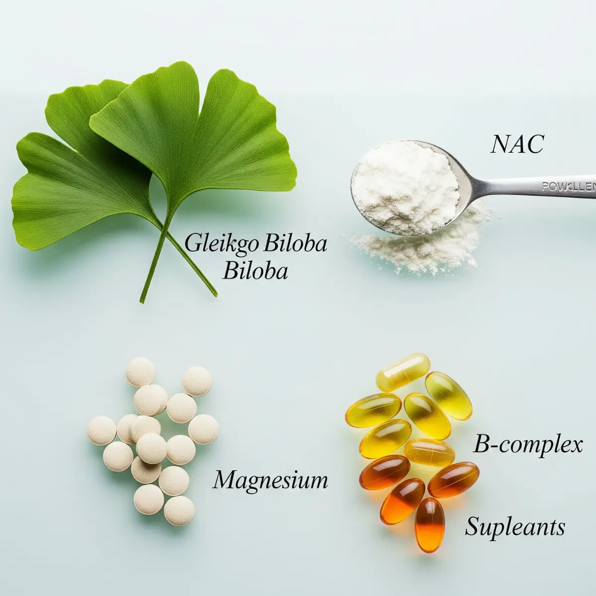 Magnifying glass over a list of generic supplement ingredients.