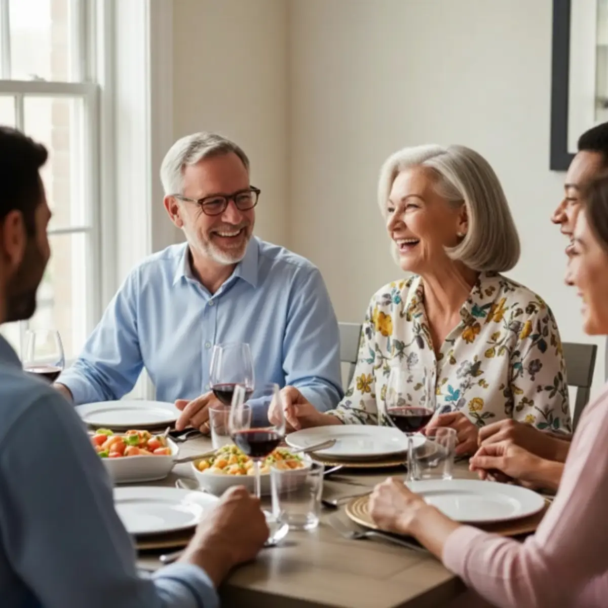 Group of older friends talking and laughing happily at a cafe.
