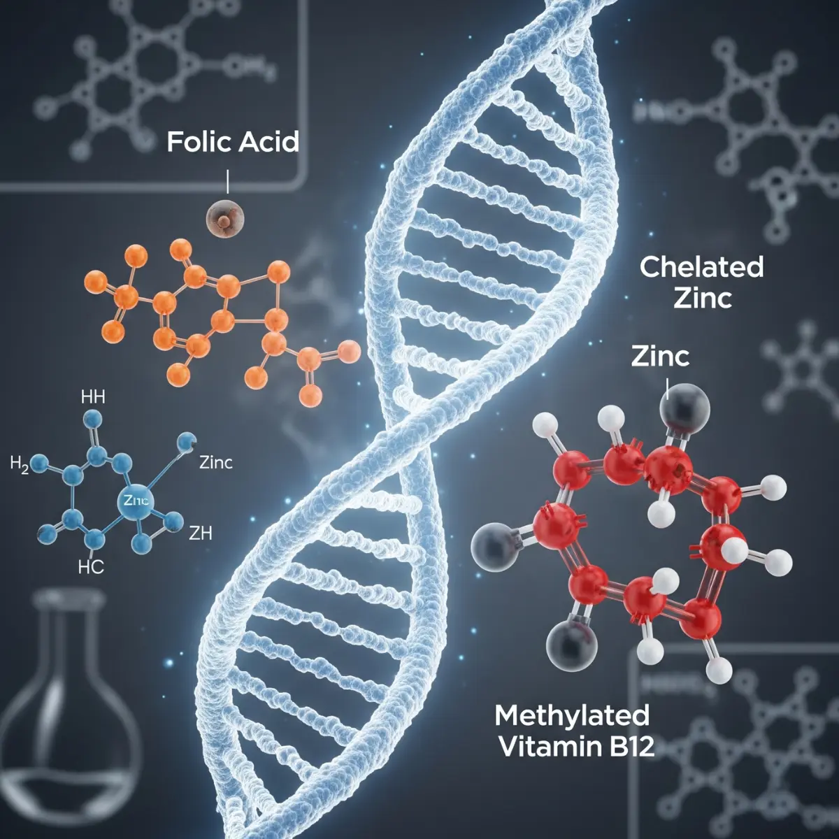 Scientific illustration of a DNA strand and nutrient molecules.
